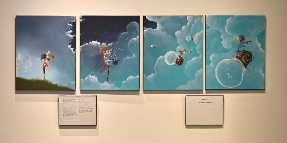Selection of painting and poems at the Paper Airplanes exhibit.