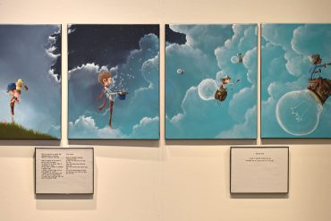 Selection of painting and poems at the Paper Airplanes exhibit.